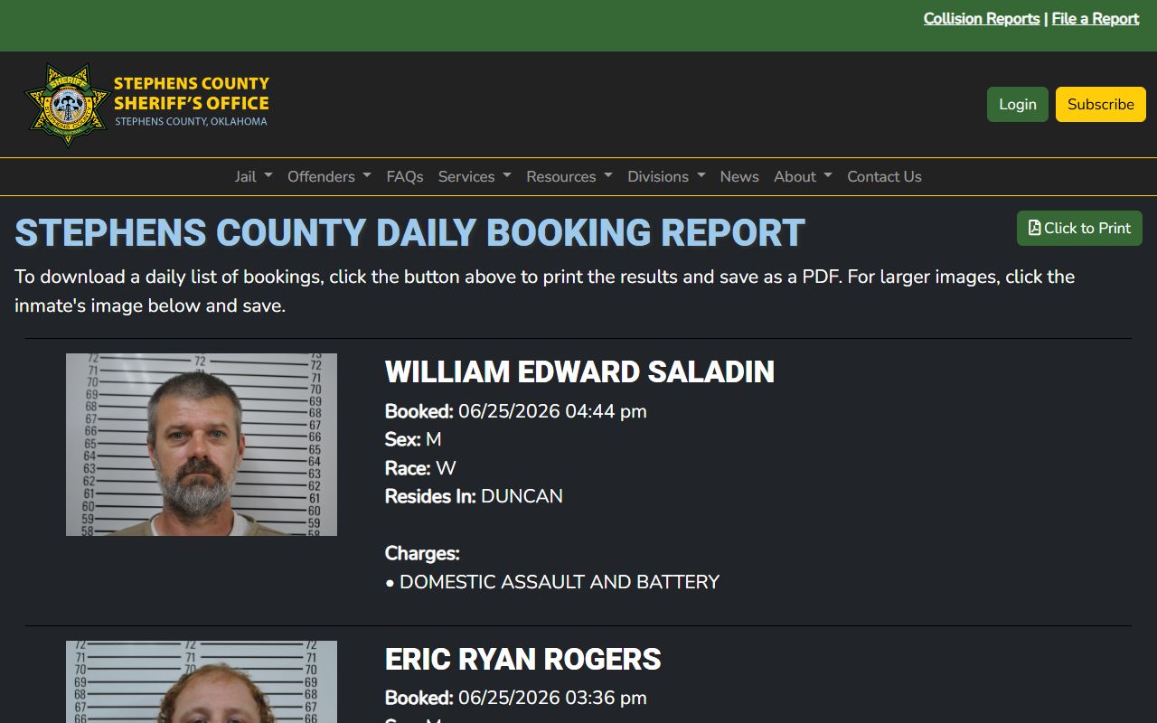 Stephens County jail mugshots daily booking report